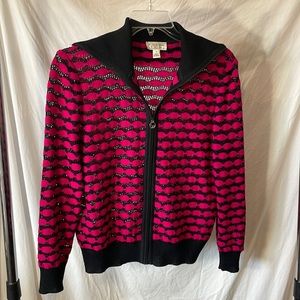 St John Sport - Pink Black Crochet Wool Blend Zip up Sweater Jacket - Small